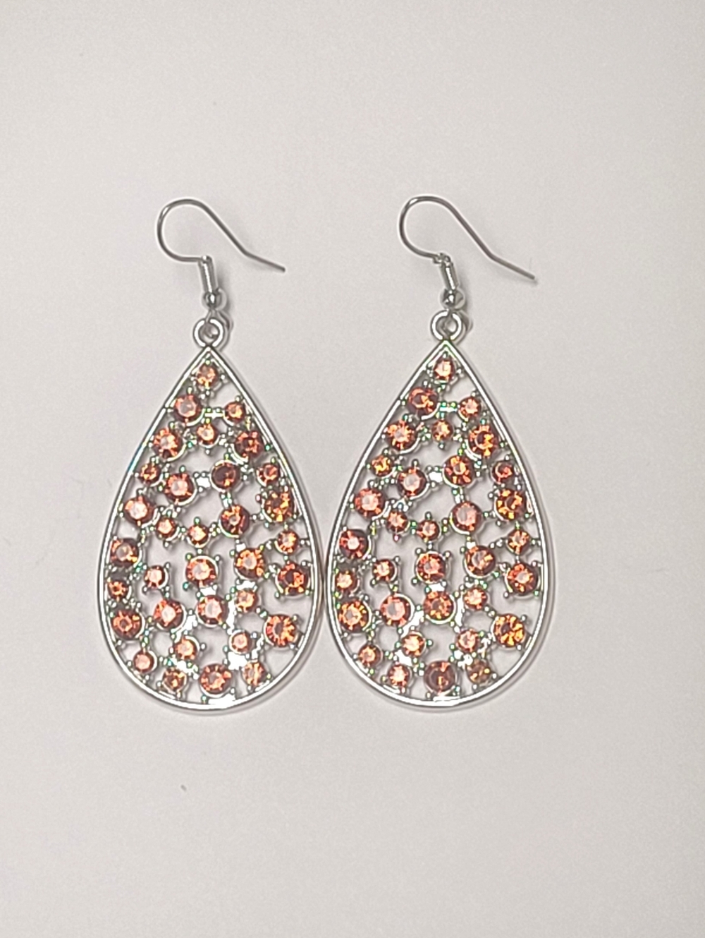 Silver With Brown Rhinestones Teardrop Dangle Earrings